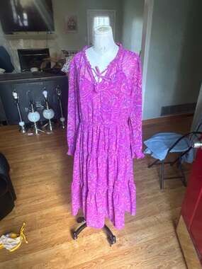 Beach Lunch Lounge Pink Paisley Long Sleeve Tiered Midi Dress